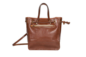 Signature brown leather bag by designer Kimberly Fletcher handmade in montreal Canada