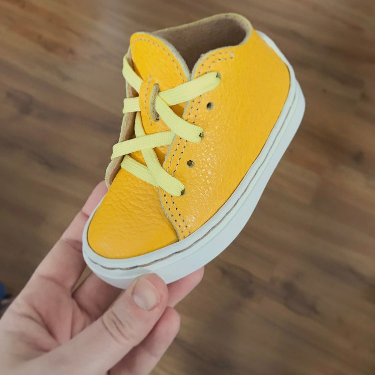 Yellow tiny leather sneakers handmade in Montreal qc by Canadian shoemaker Kimberly Fletcher FLECHR