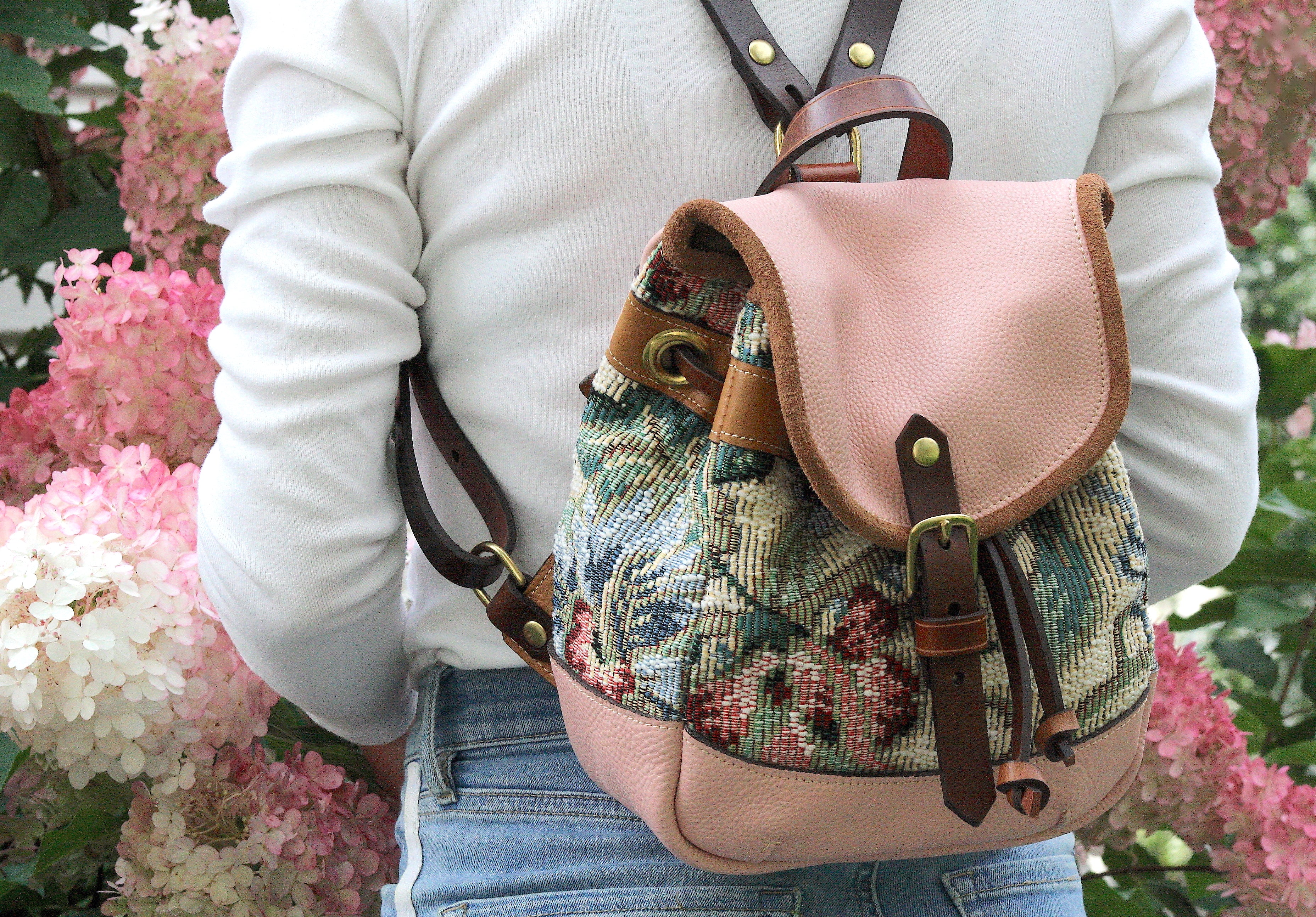 small leather backpack pink leather bag floral catalona handmade in Canada quebec Mtl by Kimberly fletcher Designer bag