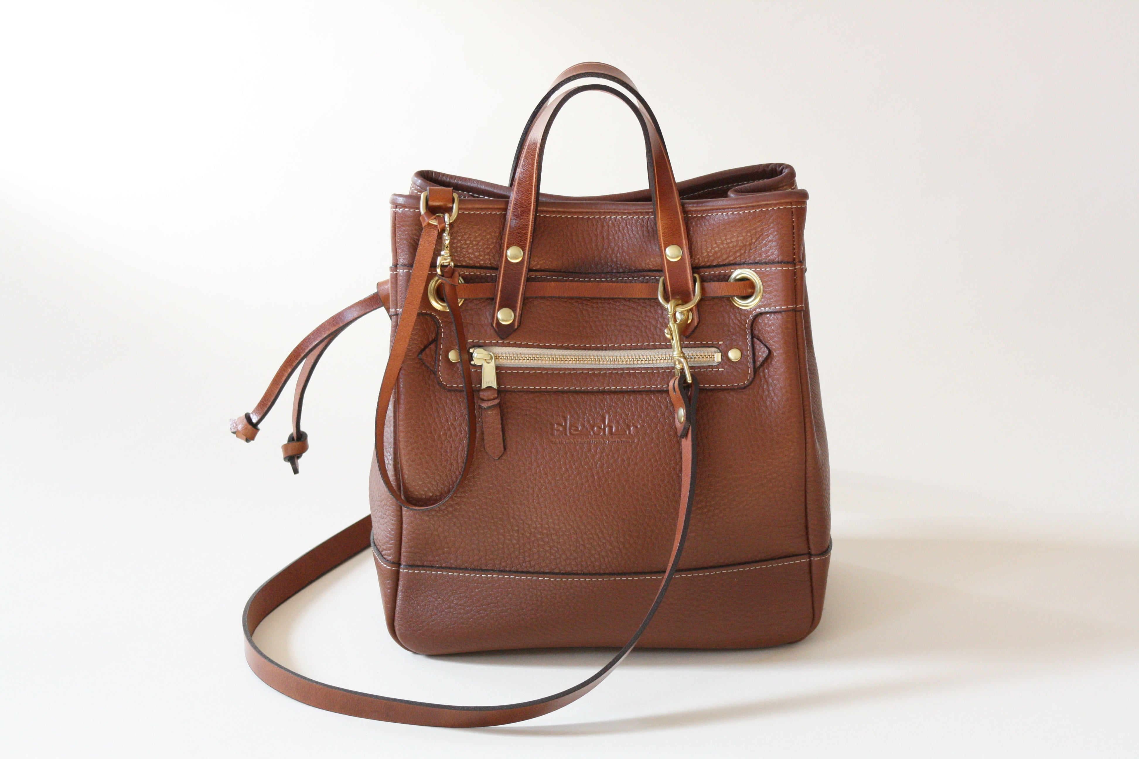 Brown leather tote shoulder bag handmade in Montreal Canada by handbag Designer Kim Fletcher