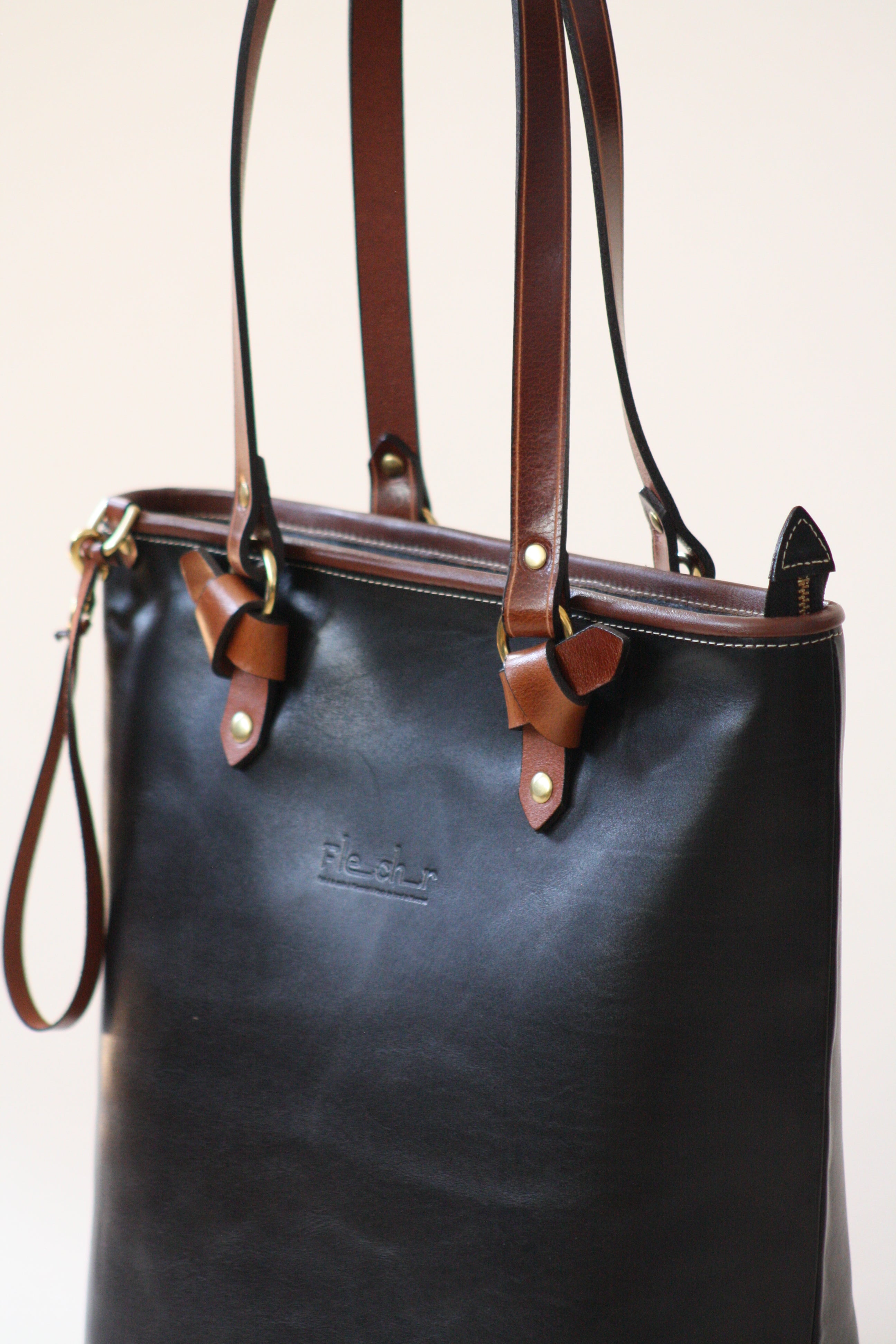 black leather women market tote bag handmade in canada Mtl  by Kimberly Fletcher