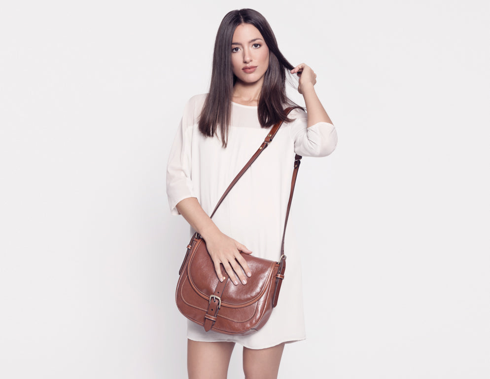 Women brown leather bag handmade by Kimberly Fletcher in Montreal Canada luxury leather goods
