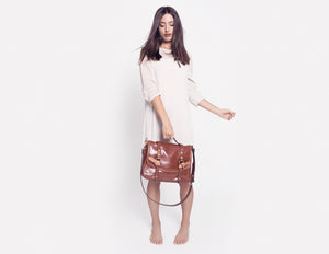 Brown leather messenger women bag, signature bag knots shoulder bag made in Montreal Canada leather goods by designer Kim Fletcher
