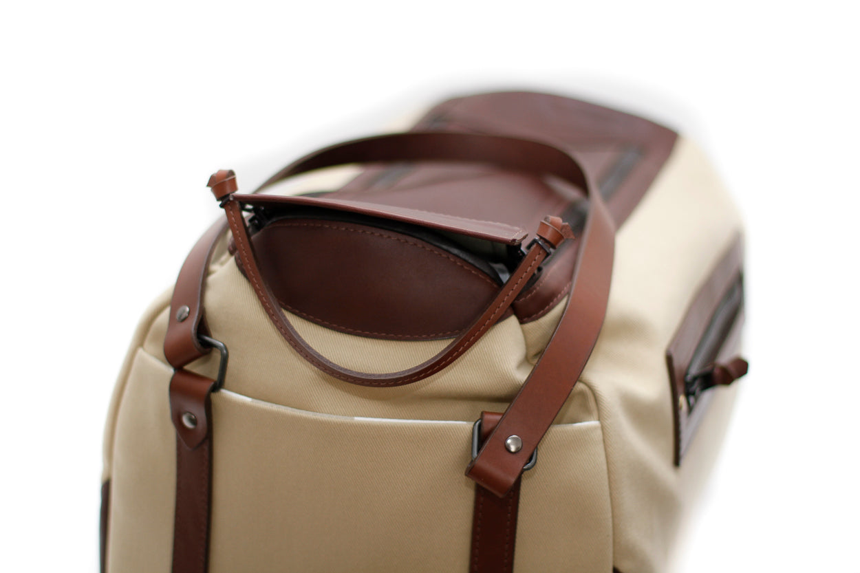 Travel bag canvas and leather luxury leather goods handmade in Canada 