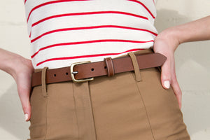 strong harness leather brown belt handmade in MTL canada quebec By Kim Fletcher clothing by Betina Lou